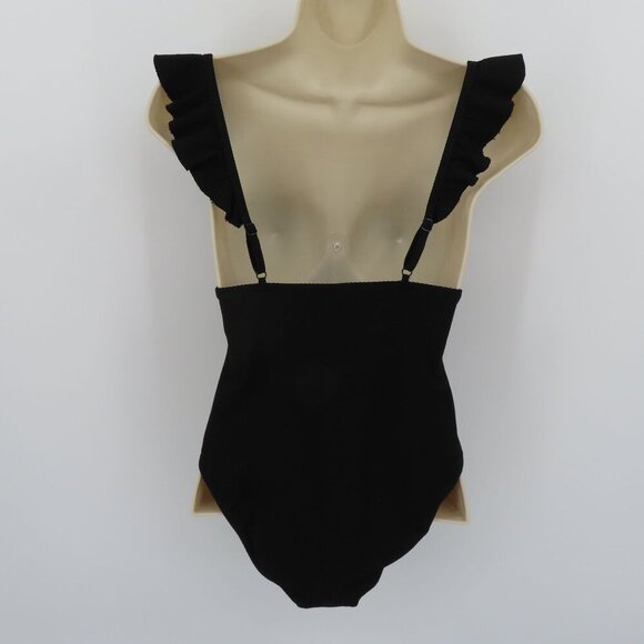 J Crew Women 2 Solid Black Puckered One Piece Swimsuit Ruffle Straps V Neck - Picture 4 of 11